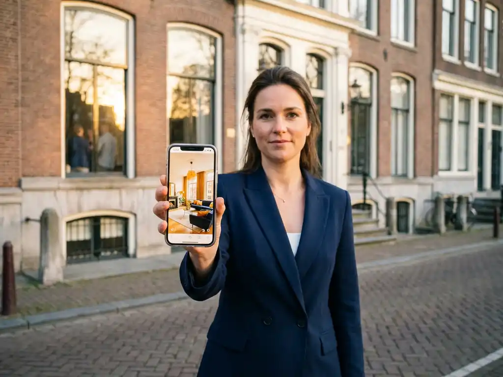 Professionele makelaar toont vastgoedvideo op smartphone voor elegant Nederlands herenhuis tijdens gouden uur