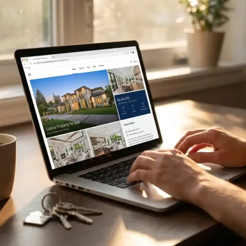 Laptop toont professionele woningadvertentie op houten bureau naast koffiekop en huissleutels in warm zonlicht
