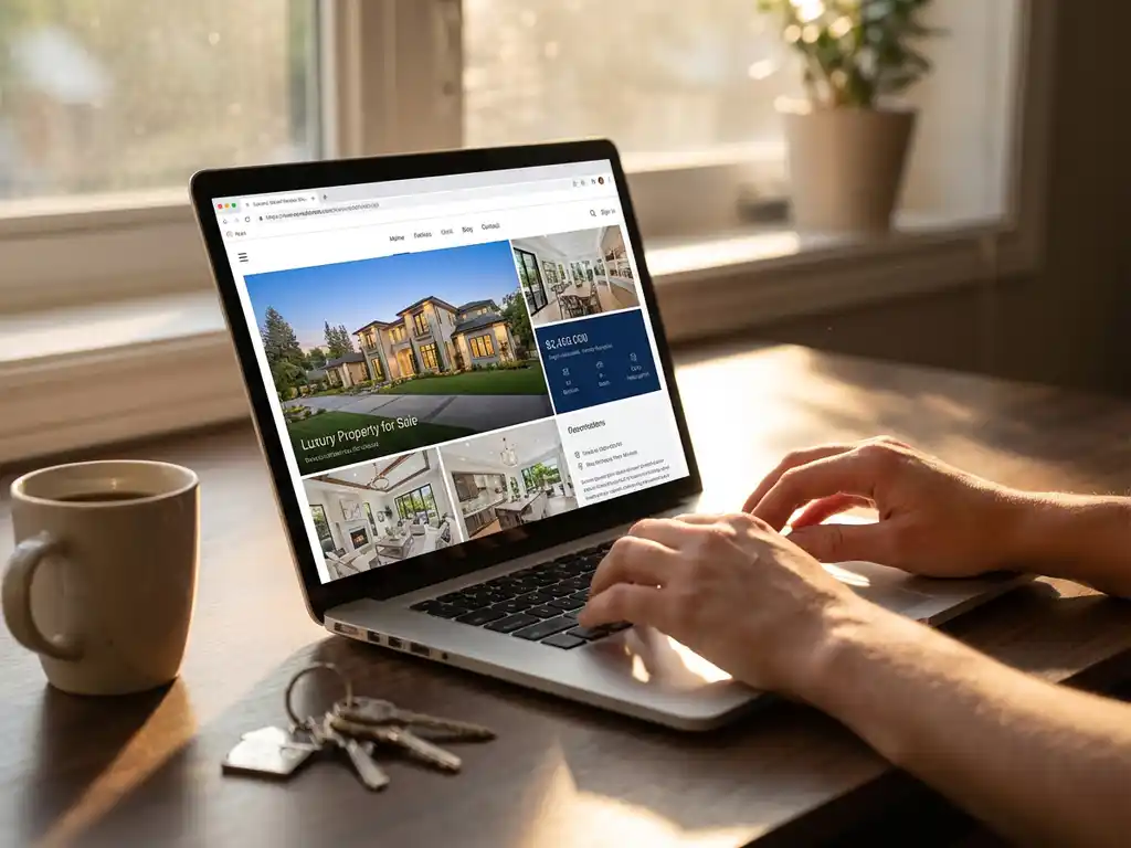 Laptop toont professionele woningadvertentie op houten bureau naast koffiekop en huissleutels in warm zonlicht