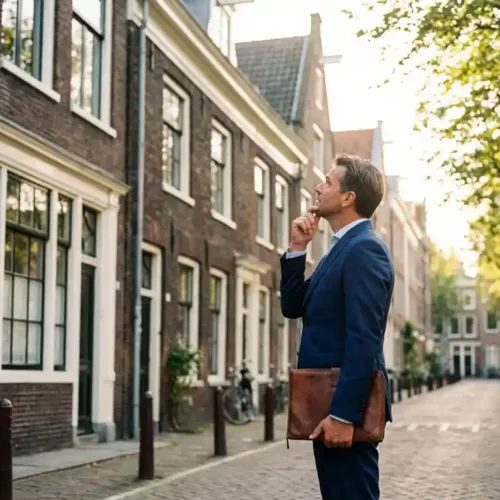 Professionele makelaar in donkerblauwe pak onderzoekt traditioneel Nederlands rijtjeshuis met rode bakstenen gevel op geplaveide straat