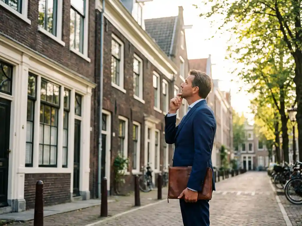 Professionele makelaar in donkerblauwe pak onderzoekt traditioneel Nederlands rijtjeshuis met rode bakstenen gevel op geplaveide straat