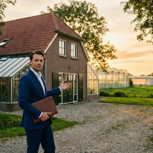 Professionele makelaar in marineblauw pak presenteert charmant kas-woning met rode dakpannen in Westlands glastuinbouw landschap