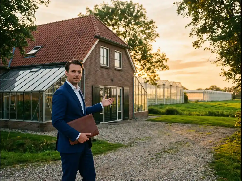 Professionele makelaar in marineblauw pak presenteert charmant kas-woning met rode dakpannen in Westlands glastuinbouw landschap