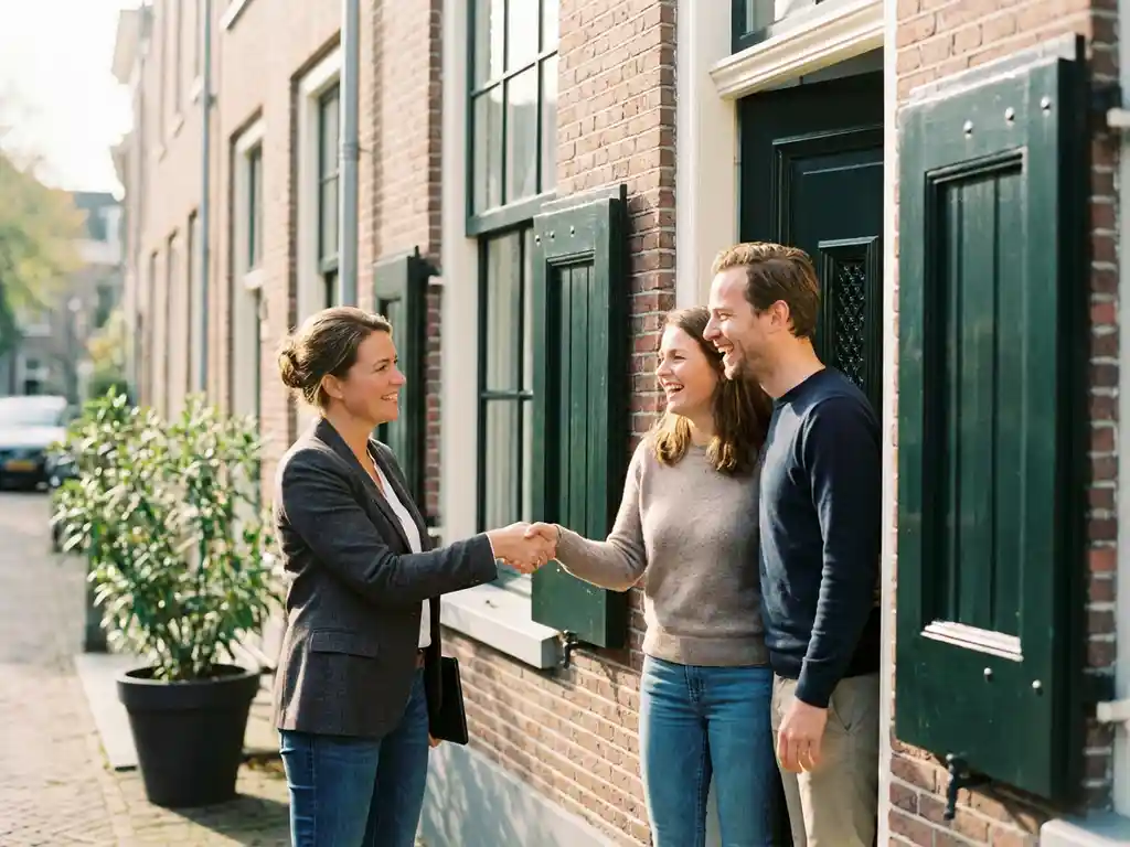 Makelaar begroet jong stel met handdruk voor charmant bakstenen huis met groene luiken in zacht middaglicht