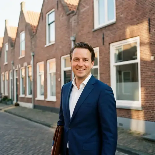 Professionele makelaar in marineblauw pak met leren portfolio voor Nederlandse rijtjeshuizen met rode bakstenen gevels