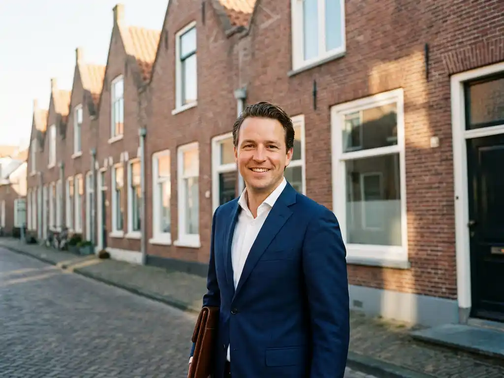 Professionele makelaar in marineblauw pak met leren portfolio voor Nederlandse rijtjeshuizen met rode bakstenen gevels