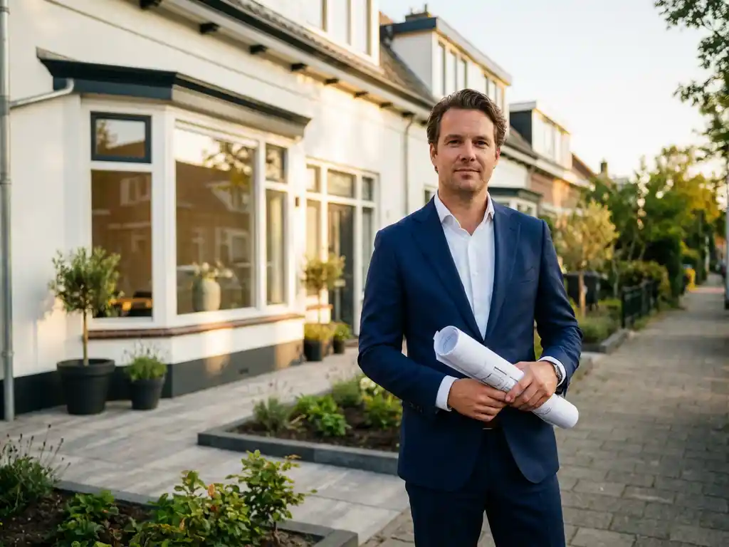 Professionele makelaar in marineblauw pak naast gerenoveerd wit Dutch herenhuis met architecturale plannen
