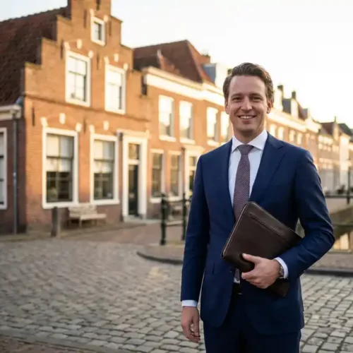 Professionele makelaar in marineblauw pak met leren portfolio voor traditioneel Delfts herenhuis met rode bakstenen gevel
