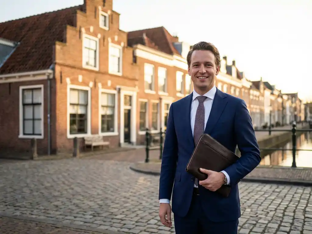 Professionele makelaar in marineblauw pak met leren portfolio voor traditioneel Delfts herenhuis met rode bakstenen gevel