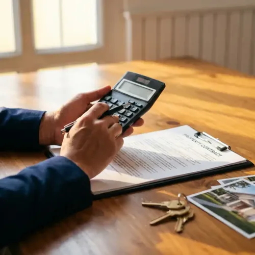 Makelaar berekent kosten met calculator boven vastgoedcontract, huissleutels en woningfoto's op houten bureau
