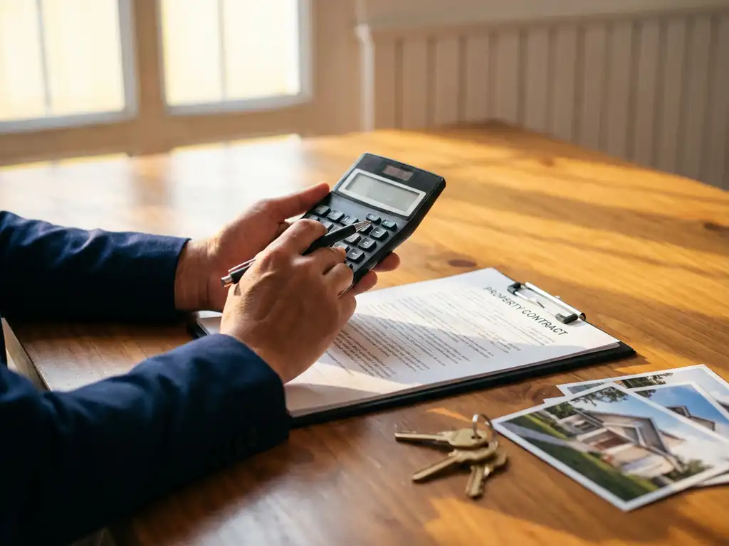 Makelaar berekent kosten met calculator boven vastgoedcontract, huissleutels en woningfoto's op houten bureau