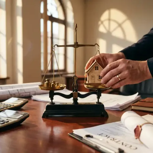 Makelaar plaatst houten huismodel op weegschaal naast documenten en rekenmachine op mahonie bureau