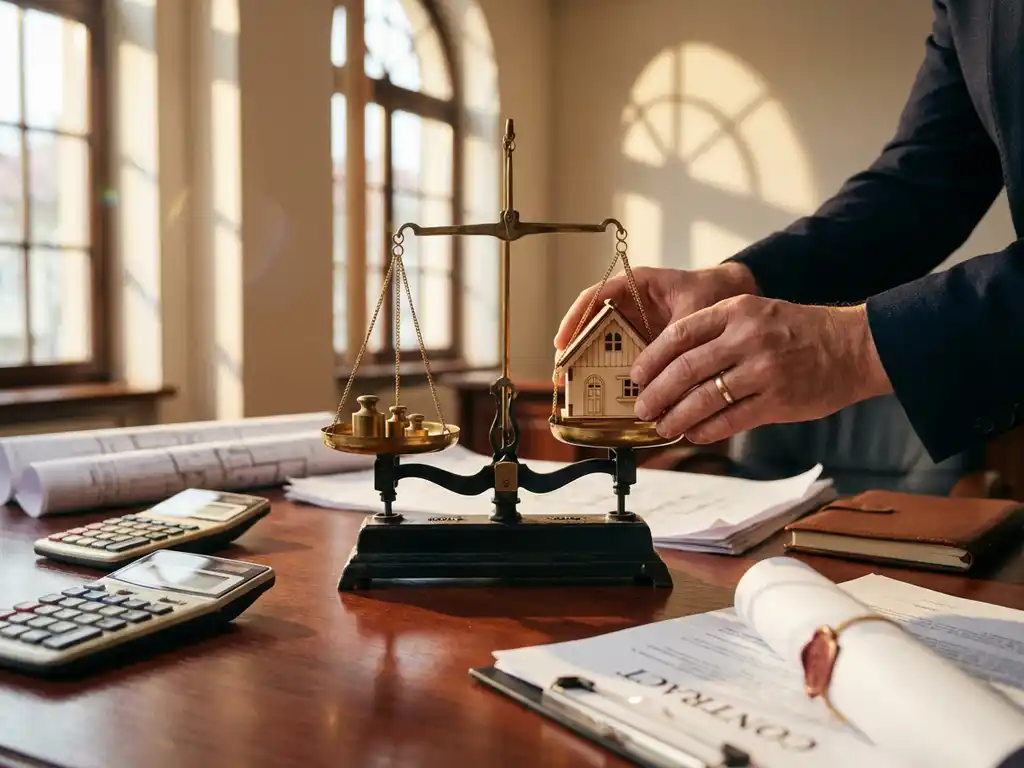 Makelaar plaatst houten huismodel op weegschaal naast documenten en rekenmachine op mahonie bureau