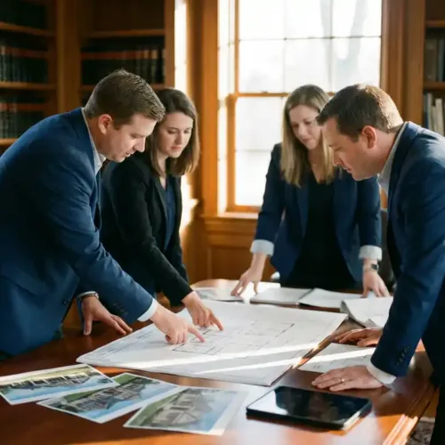 Vier vastgoedprofessionals bespreken blauwdrukken en woningfoto's rond mahonie vergadertafel in zonnig kantoor