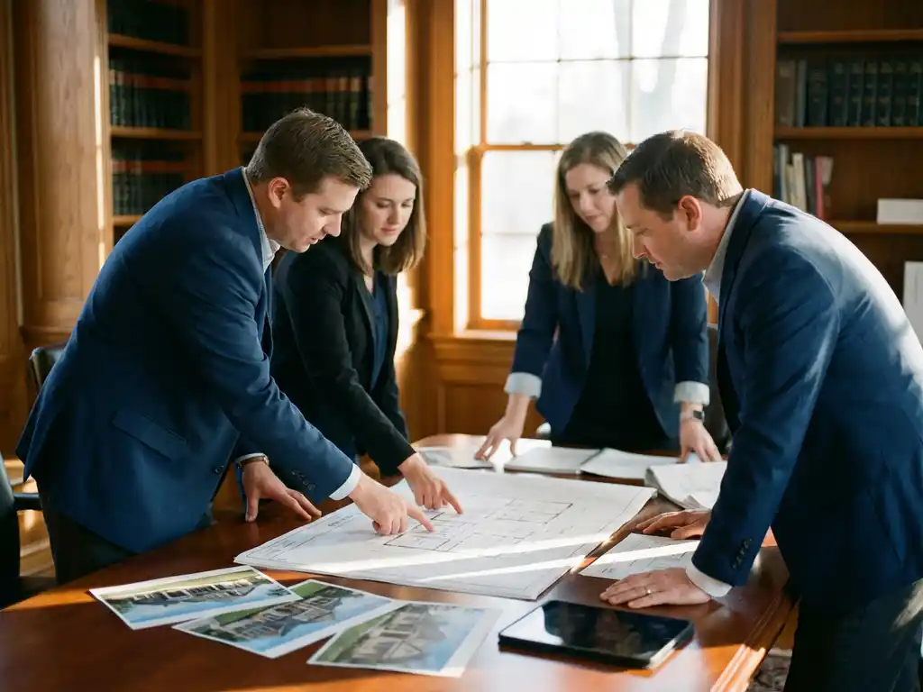 Vier vastgoedprofessionals bespreken blauwdrukken en woningfoto's rond mahonie vergadertafel in zonnig kantoor