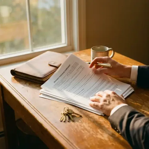 Handen van makelaar bekijken eigendomscontract op houten bureau met gouden pen, huissleutels en portfolio in warm zonlicht