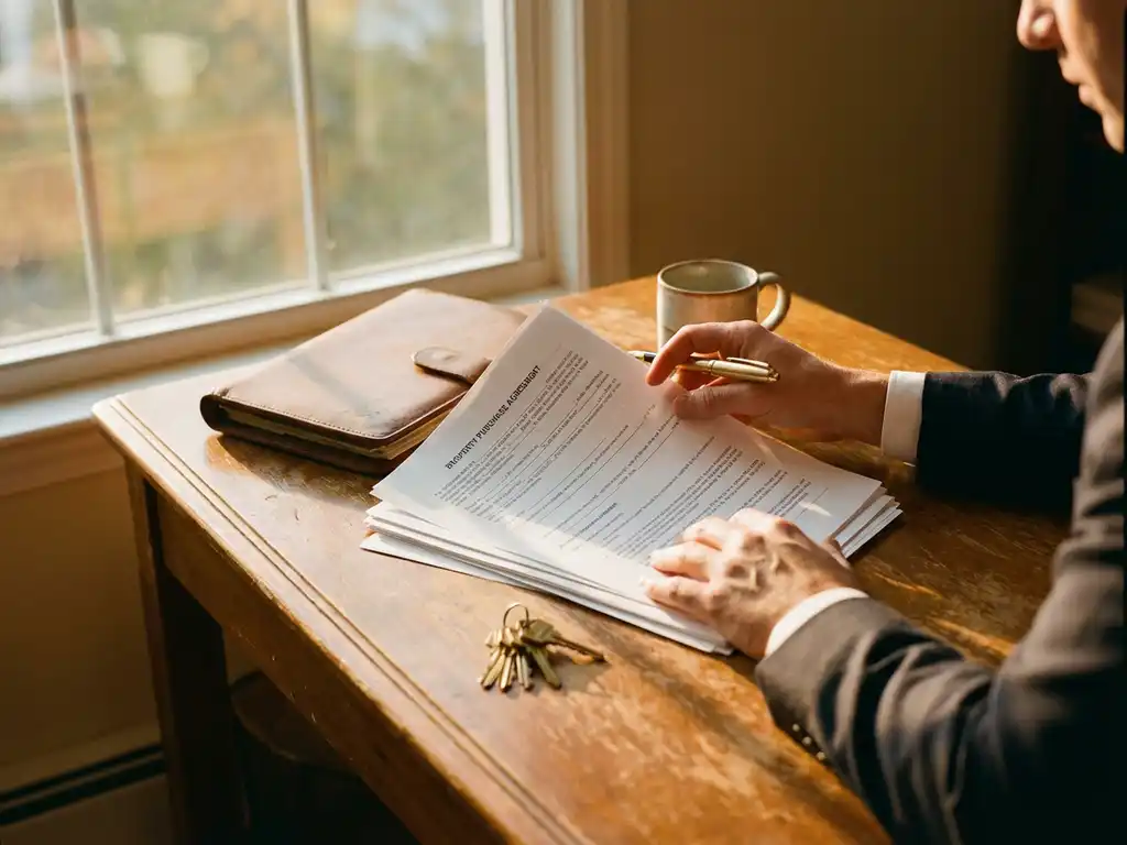 Handen van makelaar bekijken eigendomscontract op houten bureau met gouden pen, huissleutels en portfolio in warm zonlicht