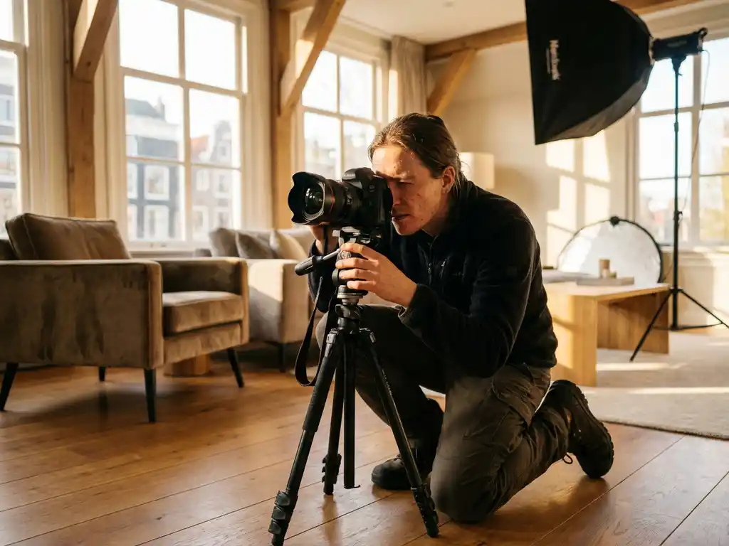 Professionele vastgoedfotograaf met DSLR-camera fotografeert lichte interieur van elegant Nederlands huis met hardhouten vloeren