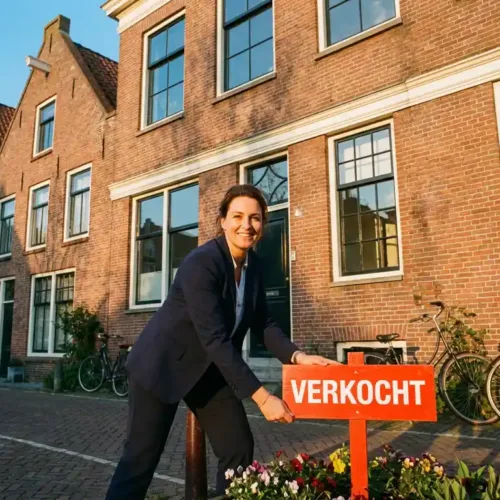 Makelaar in donkerblauwe blazer plaatst rode "VERKOCHT" bord voor traditioneel Nederlands bakstenen herenhuis