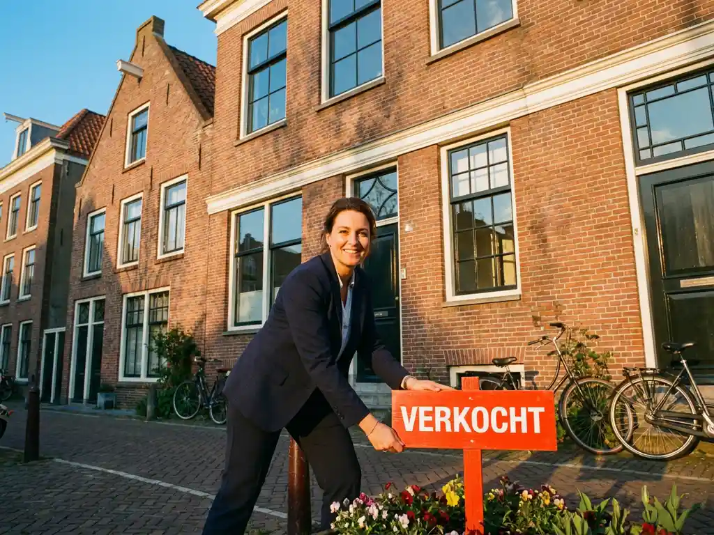 Makelaar in donkerblauwe blazer plaatst rode 