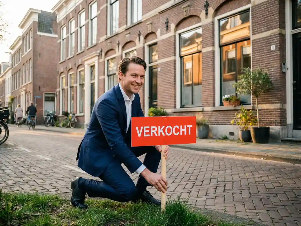 Makelaar in donkerblauw pak plaatst rood VERKOCHT-bord voor elegant Nederlands herenhuis met bakstenen gevel