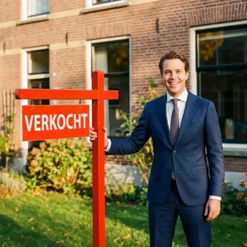 Professionele makelaar in marineblauw pak naast rood VERKOCHT-bord voor elegant Nederlands herenhuis in gouden namiddaglicht