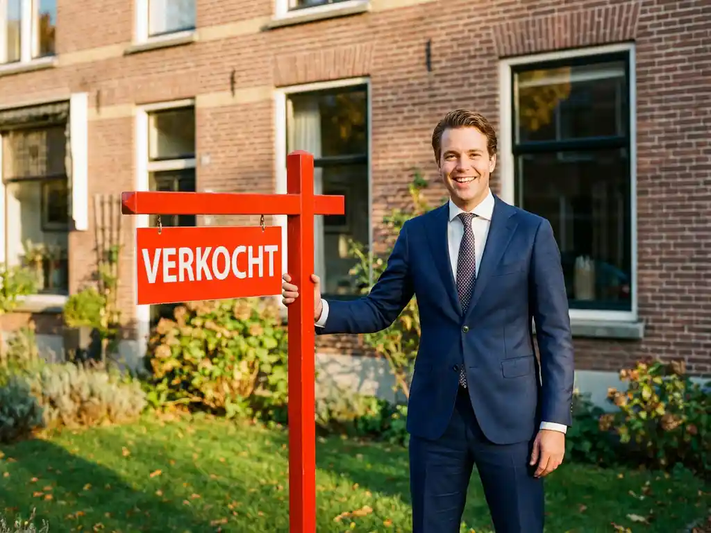 Professionele makelaar in marineblauw pak naast rood VERKOCHT-bord voor elegant Nederlands herenhuis in gouden namiddaglicht