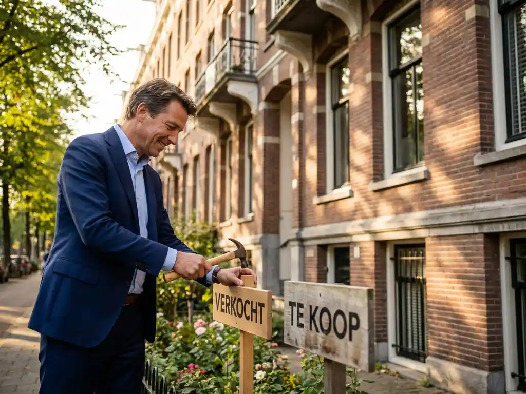 Makelaar in marineblauw pak plaatst VERKOCHT-bord naast TE KOOP-bord voor elegante Nederlandse herenwoning met bakstenen gevel