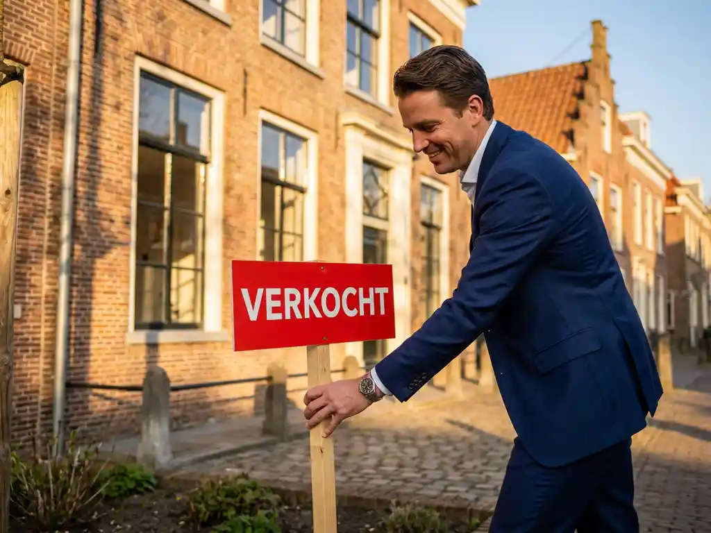 Professionele makelaar in marineblauw pak plaatst rood VERKOCHT bord voor elegante Nederlandse herenhuis in gouden zonlicht