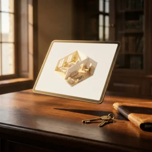 Moderne tablet toont virtuele huisbezichtiging op mahonie bureau met huissleutels en leren portfolio in gouden namiddaglicht