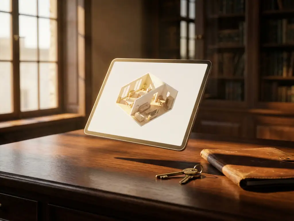 Moderne tablet toont virtuele huisbezichtiging op mahonie bureau met huissleutels en leren portfolio in gouden namiddaglicht