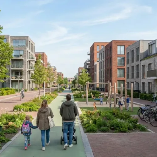 AI beeld van niet bestaande nieuwbouwwijk