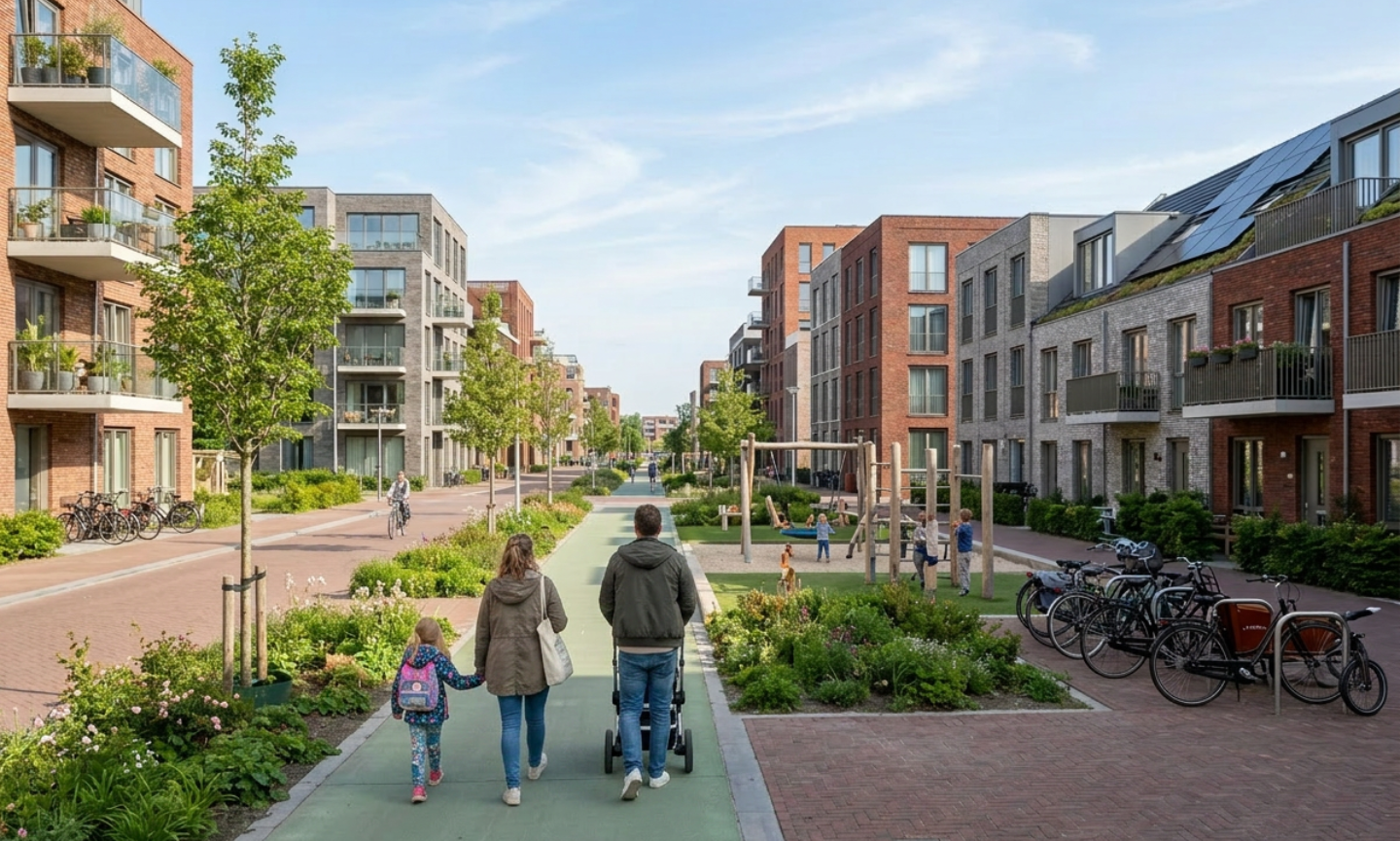 AI beeld van niet bestaande nieuwbouwwijk