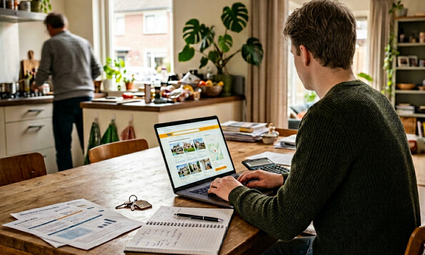 AI beeld van jongvolwassenen die thuis blijven wonen door huidige woningmarkt