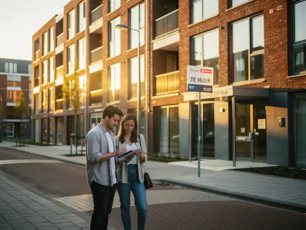 Nieuw appartementencomplex in Den Haag met Te Huur-bord, jong stel bekijkt huurdocumenten bij ingang tijdens gouden uursbelichting.
