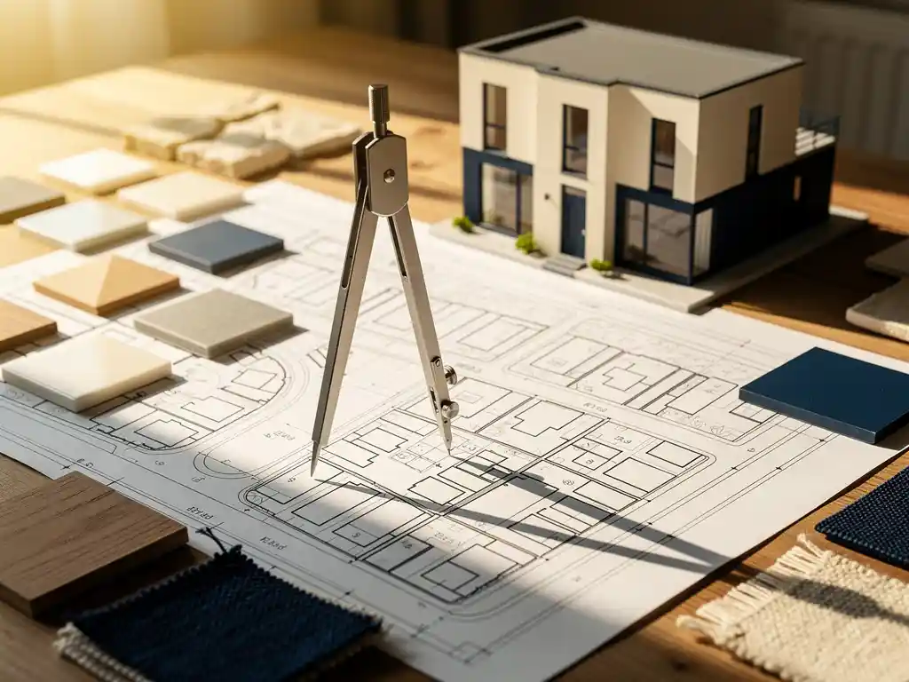 Architectenpasser op gedetailleerde plattegrond van Den Haag, omringd door materiaalstalen en een miniatuur gevelmodel in crème en marineblauw tinten.