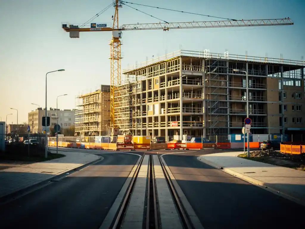 Bouwkraan boven een nieuwbouwappartementencomplex in Den Haag, met zichtbaar betonnen vloeren en staalconstructie langs een tramrail.