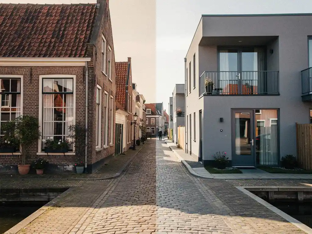 Klassiek Delfts grachtenpand met terracotta dakpannen naast modern woonblok in Rijswijk, verbonden door een kinderkopjespad in middaglicht.