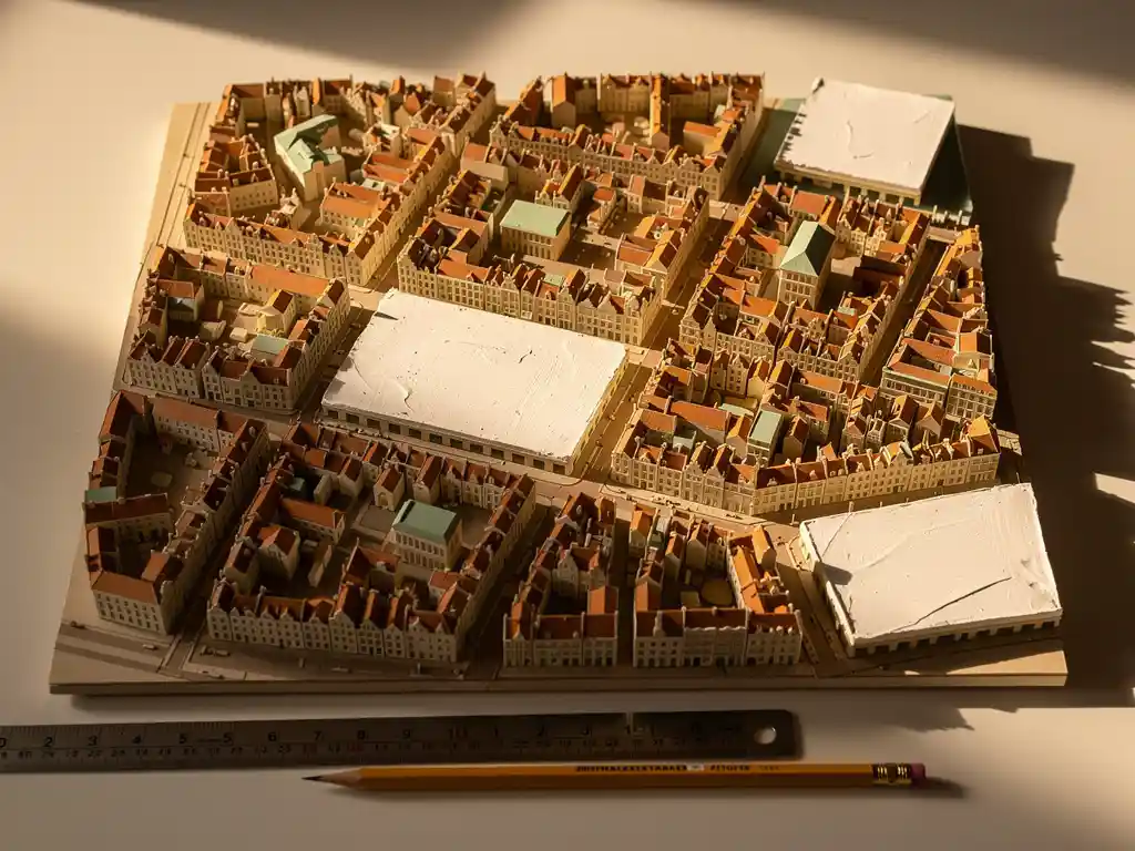 Vogelperspectief op een architectuurmaquette van Delft met terracotta daken, witte gipsvlakken en een meetlint in warm middaglicht.