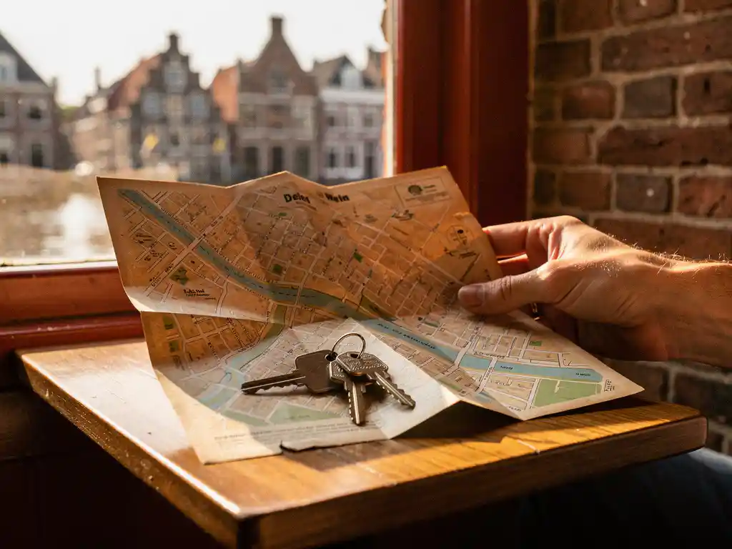 Hand met stadskaart van Delft en huissleutels in een café, warme middagzon op perkamentkleurig papier, historische trapgevels op de achtergrond.