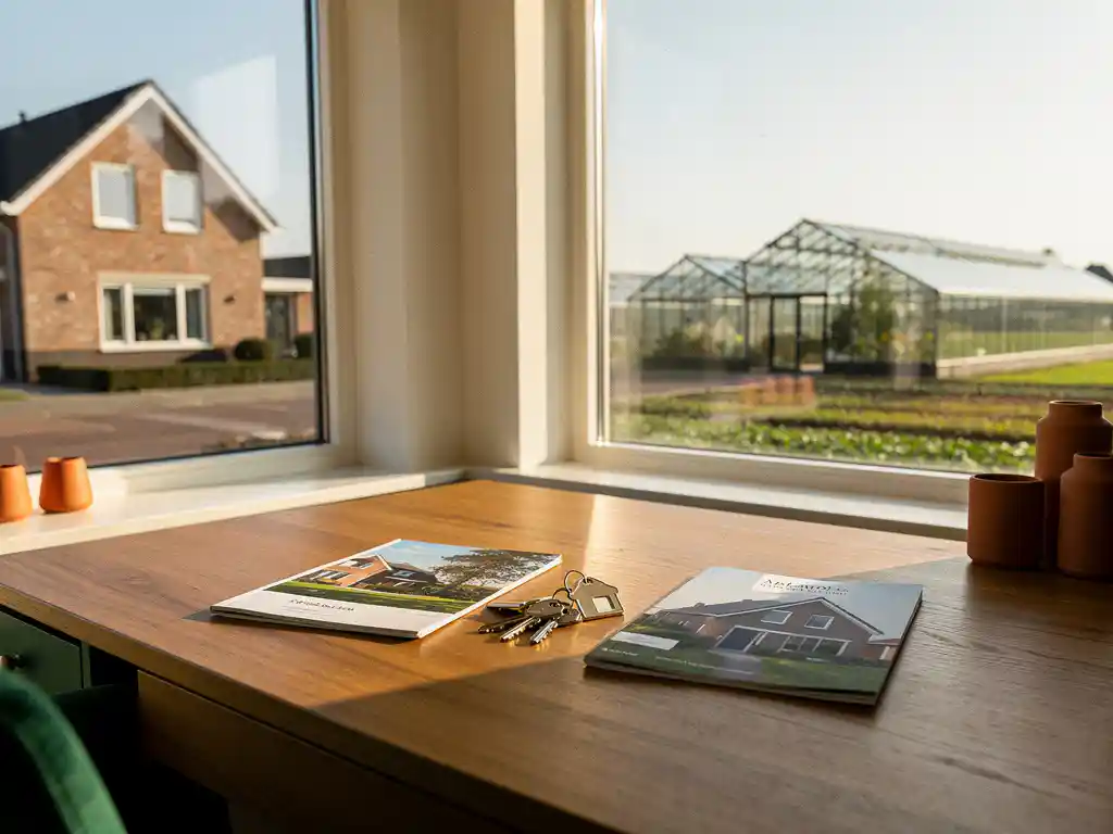 Eikenhouten bureau met twee woningbrochures en sleutels, met uitzicht op een nieuwbouwwoning in Den Haag en een kas in Westland.