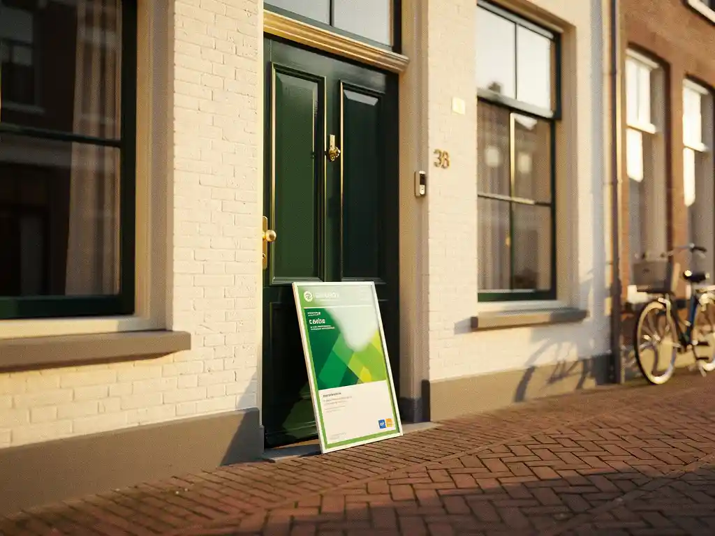 Gerenoveerde Haagse grachtenwoning met groen energielabel tegen de voordeur, cremewitte bakstenen en moderne ramen in middagzon.