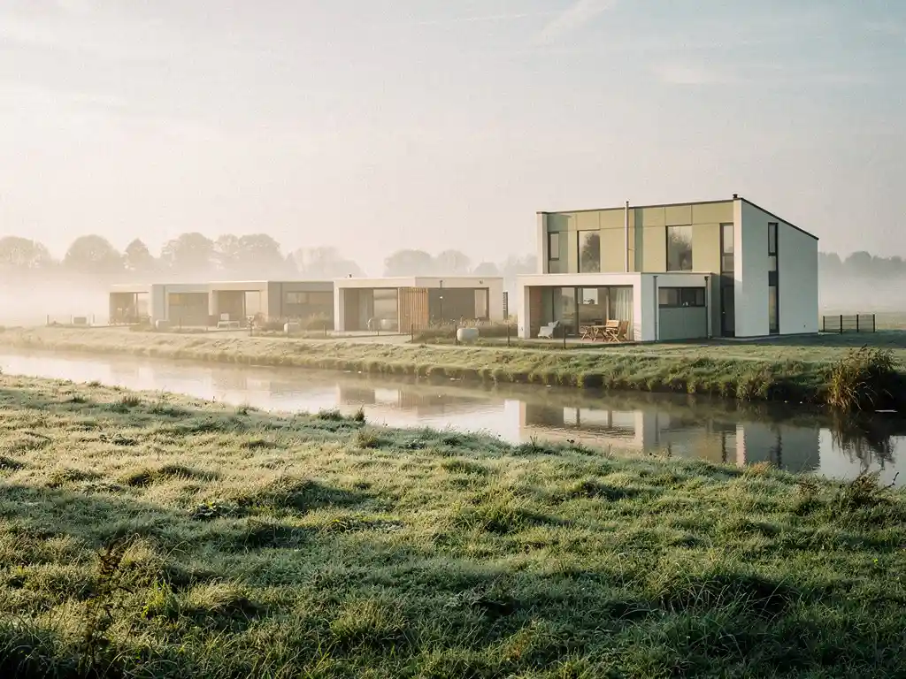 Rij compacte flexwoningen met strakke lijnen in een groene Nederlandse polderlandschap, ochtendmist boven weilanden en smalle sloot.