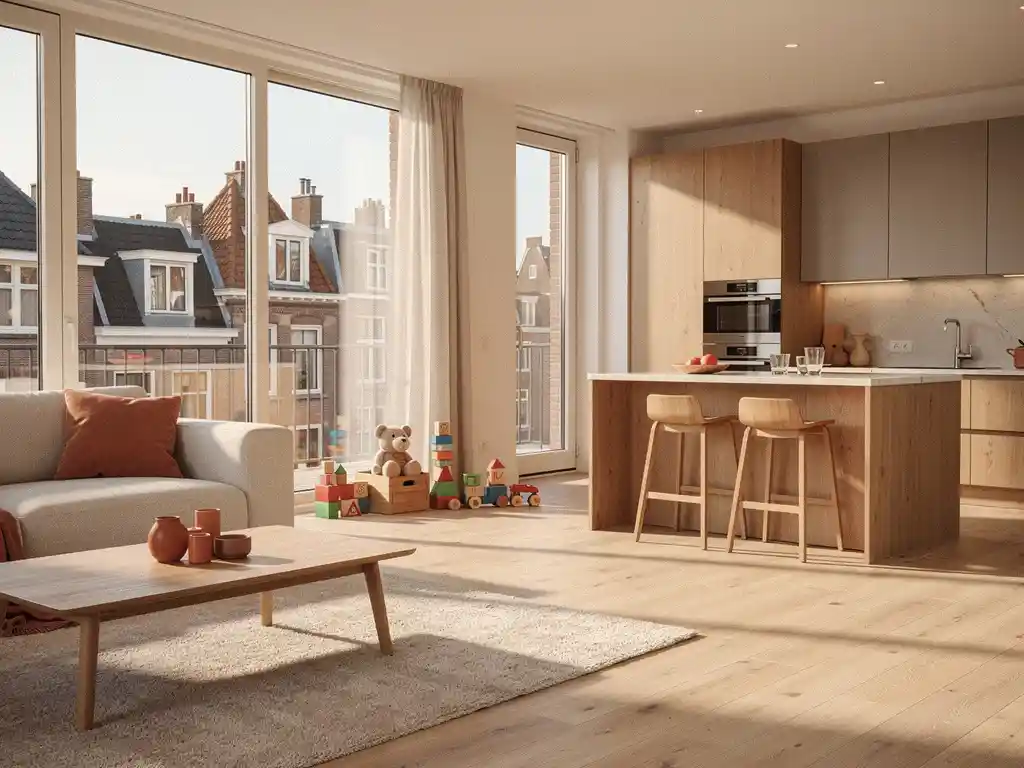 Lichte open woonkamer in Den Haag met moderne keuken, kinderspeelgoed bij raampartij en uitzicht op stadssilhouet.
