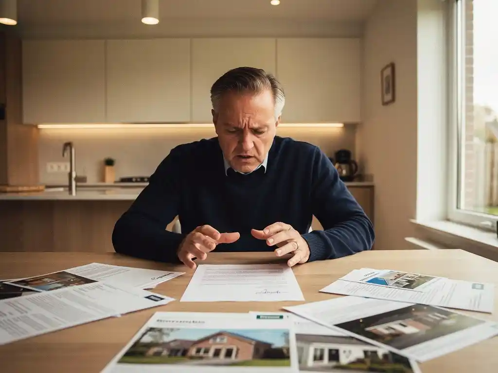 Gestresste huiseigenaar aarzelt bij ongetekend verkoopcontract aan keukentafel, omringd door woningbrochures en uitgeprinte woningaanbiedingen.