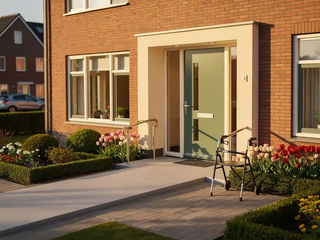 Levensloopbestendig Dutch woonhuis in Westland met brede deuropening, oprijhelling en rollator naast bloeiende tulpen in middagzon.