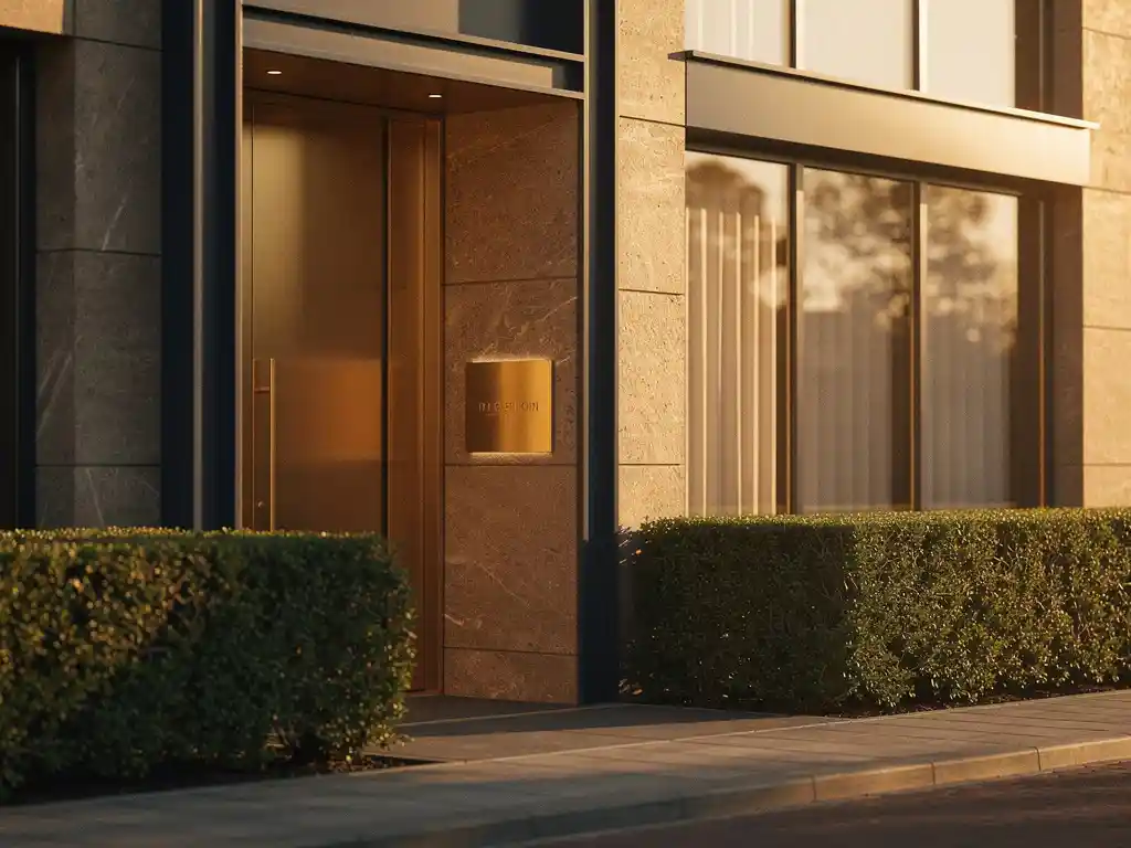 Luxe appartementengebouw in Den Haag met gouden middaglicht, donker staal, warmstenen gevel en verzorgde hagen bij de ingang.