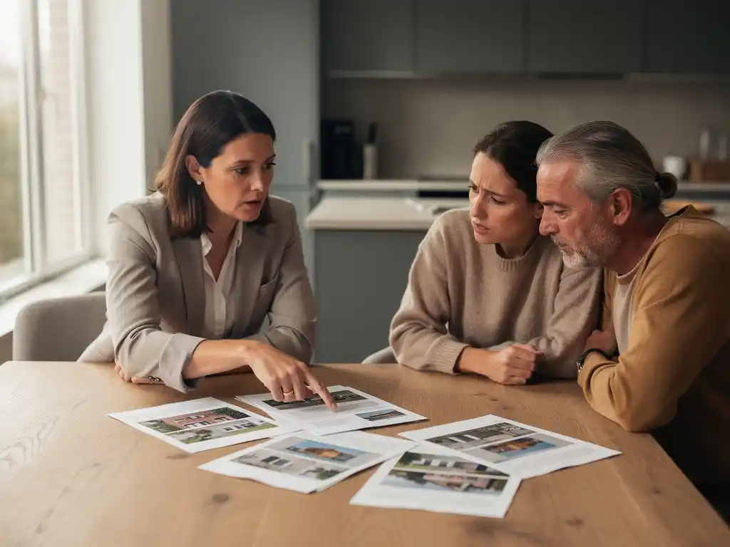 Makelaar bespreekt woningdocumenten met stel aan houten keukentafel in moderne Nederlandse woning.