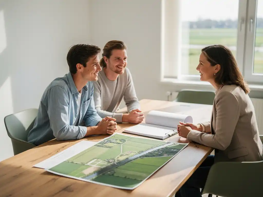 Makelaar bespreekt woningaankoop met jong stel aan houten bureau met polderkaart en open vastgoedmap in natuurlijk daglicht.