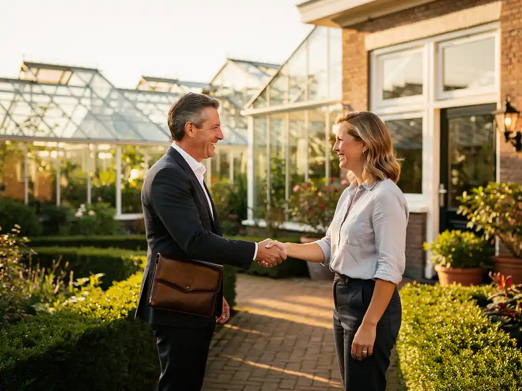 Makelaar en huiseigenaar schudden handen voor een woning in Westland, met glazen kassen zichtbaar op de achtergrond.